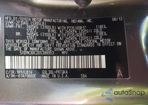 2013 Toyota Sienna Xle V6 8 Passenger из США, поврежденный, VIN 5TDYK3DC2DS388953